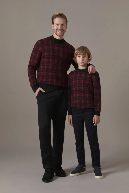 Tartan Desen Lupetto Yaka Siyah Çocuk Kazak