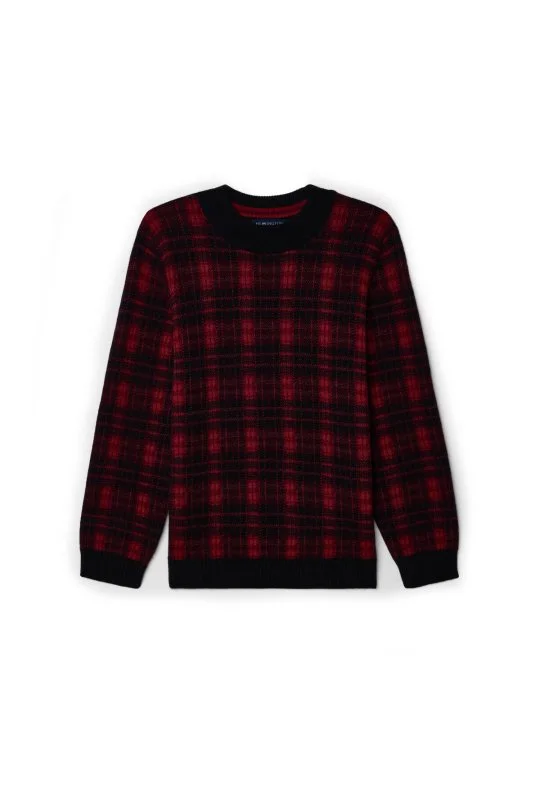 Tartan Desen Lupetto Yaka Siyah Çocuk Kazak