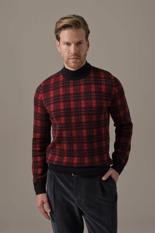 Tartan Desen Lupetto Yaka Siyah Kazak
