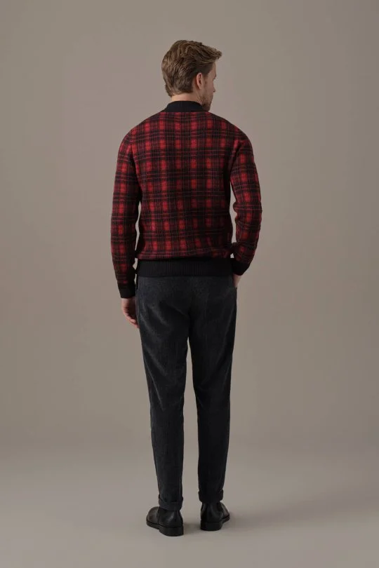 Tartan Desen Lupetto Yaka Siyah Kazak