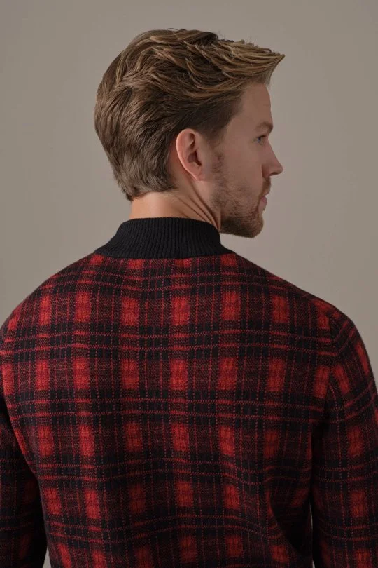 Tartan Desen Lupetto Yaka Siyah Kazak
