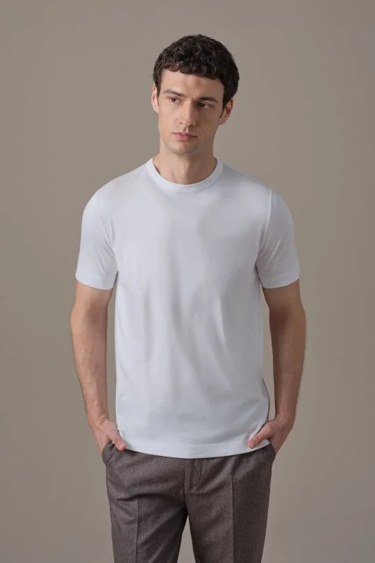 Supima Pamuk Bisiklet Yaka Tencel Beyaz T-Shirt