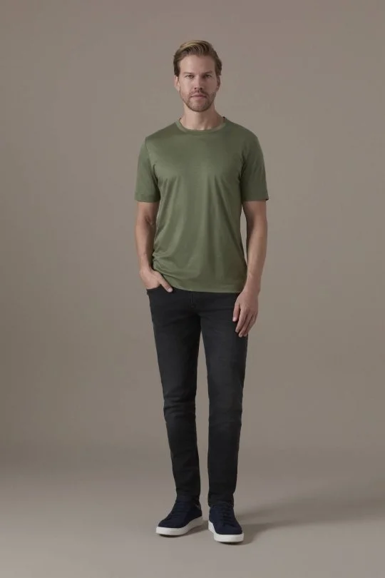 Supima Pamuk Bisiklet Yaka Tencel Haki T-Shirt