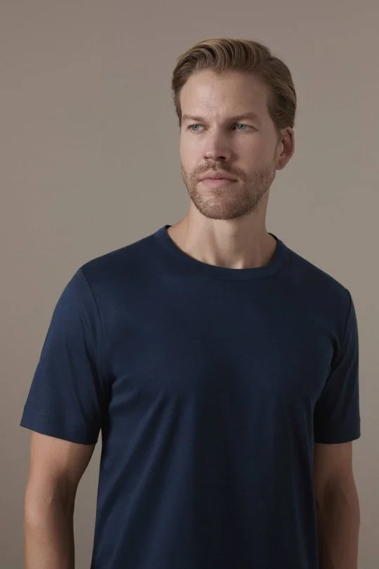 Supima Pamuk Bisiklet Yaka Tencel Lacivert T-Shirt