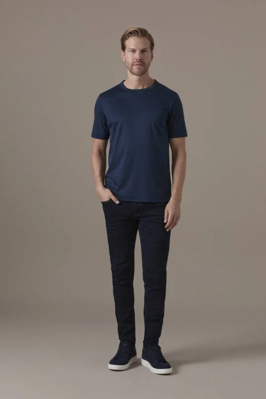Supima Pamuk Bisiklet Yaka Tencel Lacivert T-Shirt