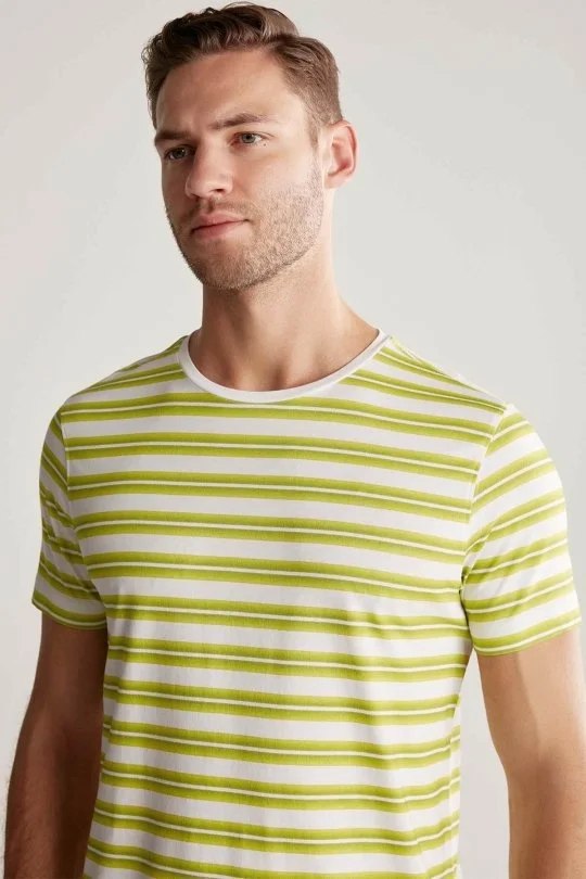 Hemington - Beyaz Yeşil Çizgili Bisiklet Yaka Saf Pamuk T-Shirt (2)