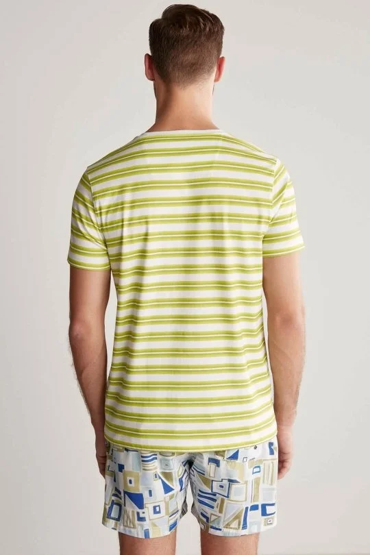 Hemington - Beyaz Yeşil Çizgili Bisiklet Yaka Saf Pamuk T-Shirt (5)