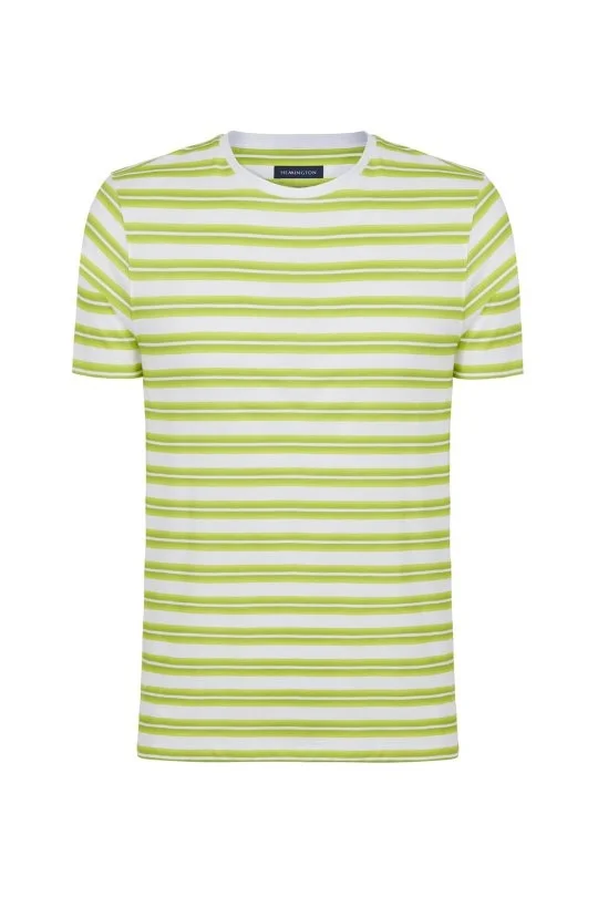 Hemington - Beyaz Yeşil Çizgili Bisiklet Yaka Saf Pamuk T-Shirt (6)