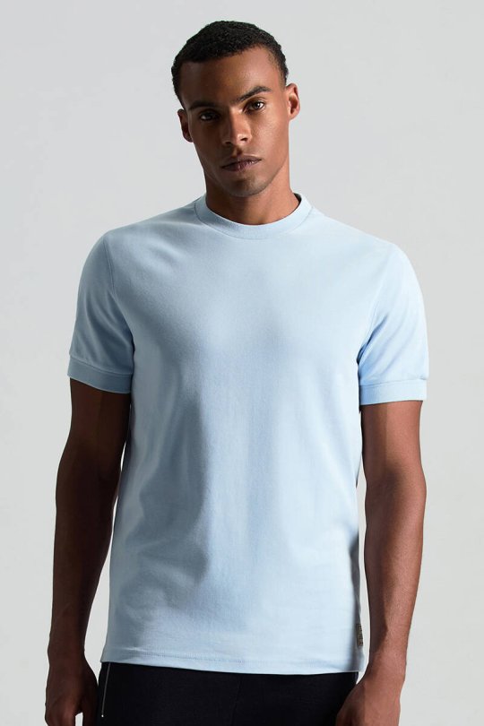 Saf Pamuk Bisiklet Yaka Mavi Basic T-Shirt