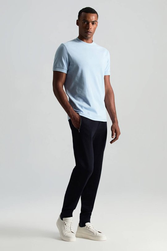 Saf Pamuk Bisiklet Yaka Mavi Basic T-Shirt