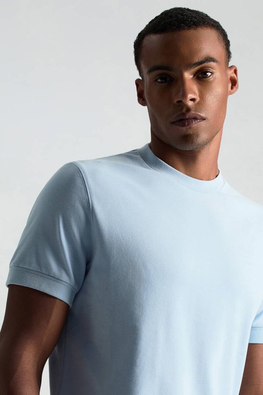 Saf Pamuk Bisiklet Yaka Mavi Basic T-Shirt