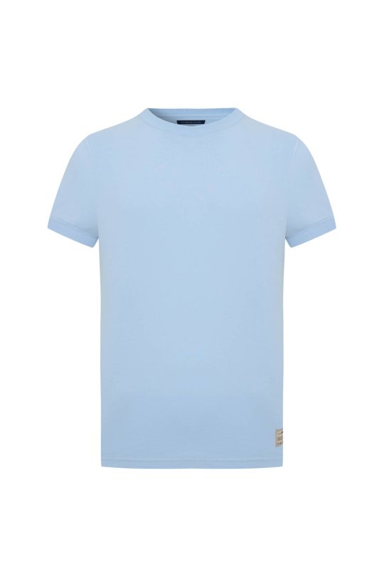 Saf Pamuk Bisiklet Yaka Mavi Basic T-Shirt