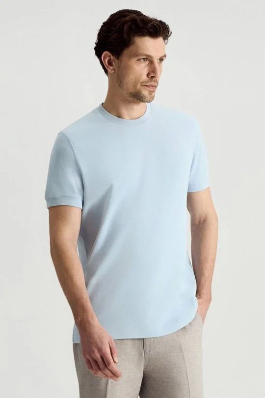 Hemington - Saf Pamuk Bisiklet Yaka Mavi Basic T-Shirt (1)