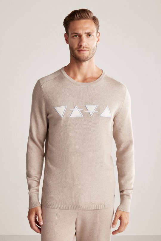 Üçgen Desen Camel Merino Yün Triko