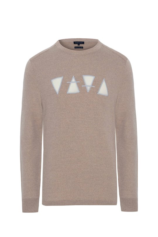 Üçgen Desen Camel Merino Yün Triko