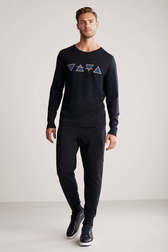 Üçgen Desen Lacivert Merino Yün Triko