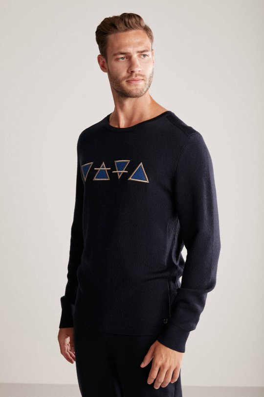 Üçgen Desen Lacivert Merino Yün Triko