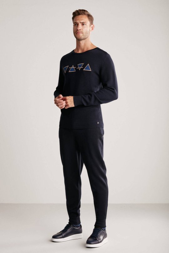 Üçgen Desen Lacivert Merino Yün Triko