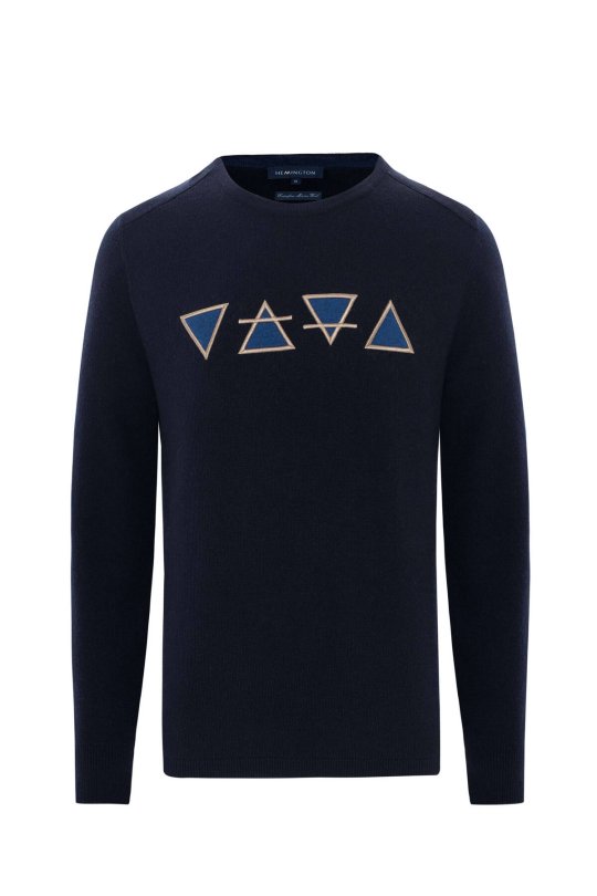 Üçgen Desen Lacivert Merino Yün Triko