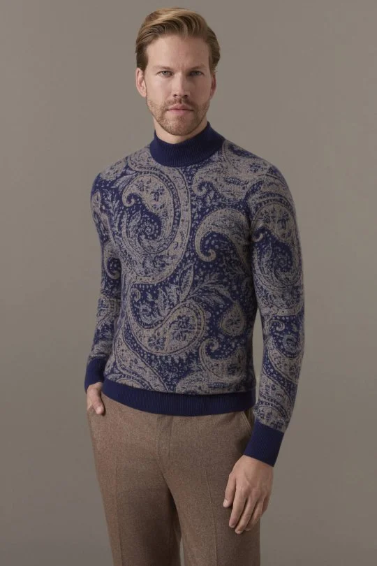 Ultrafine Kaşmir Lupetto Yaka Paisley Desen Lacivert-Camel Kazak 