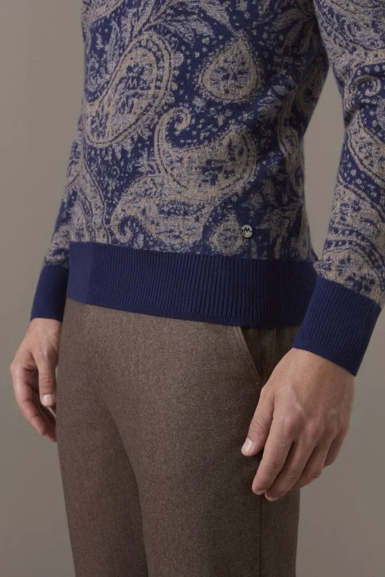 Ultrafine Kaşmir Lupetto Yaka Paisley Desen Lacivert-Camel Kazak 