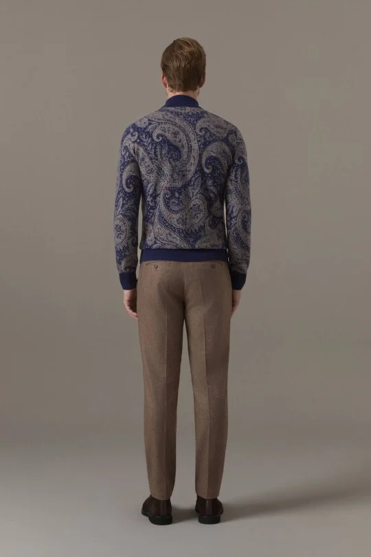 Ultrafine Kaşmir Lupetto Yaka Paisley Desen Lacivert-Camel Kazak 