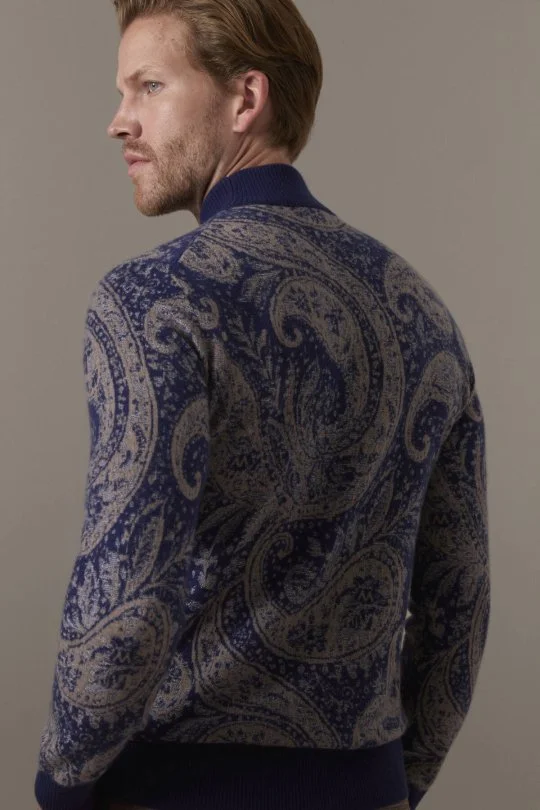 Ultrafine Kaşmir Lupetto Yaka Paisley Desen Lacivert-Camel Kazak 
