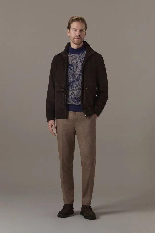 Ultrafine Kaşmir Lupetto Yaka Paisley Desen Lacivert-Camel Kazak 