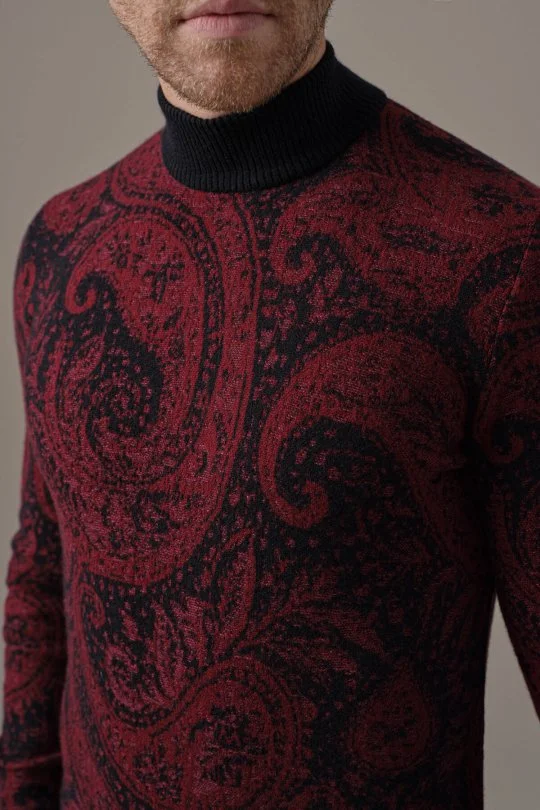 Ultrafine Kaşmir Lupetto Yaka Paisley Desen Siyah-Bordo Kazak 