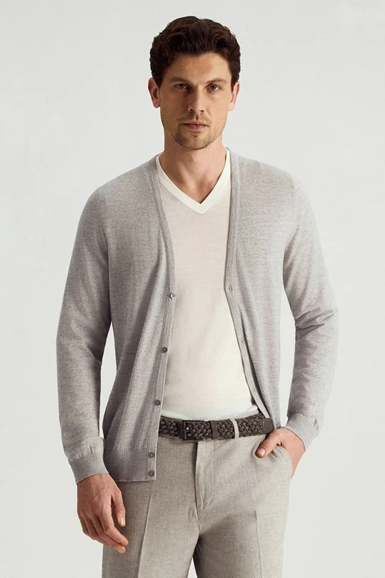 Hemington - Ultrafine Merino Yünü Açık Gri Triko Hırka (1)