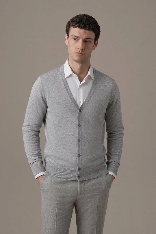 Hemington - Ultrafine Merino Yünü Açık Gri Triko Hırka (1)