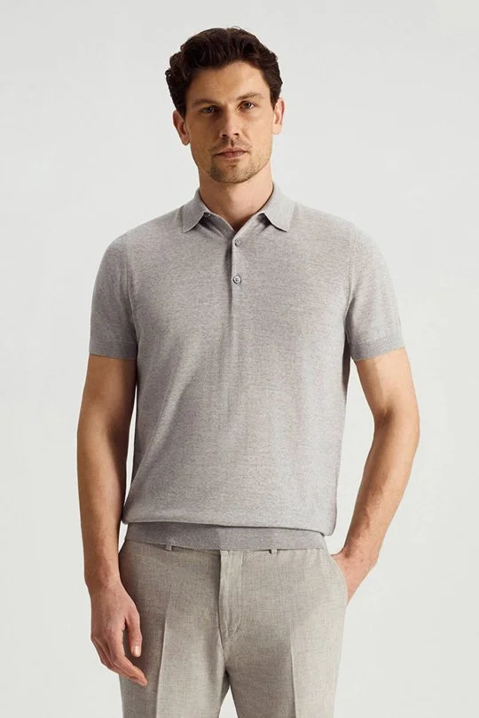Hemington - Ultrafine Merino Yünü Açık Gri Triko Polo (1)