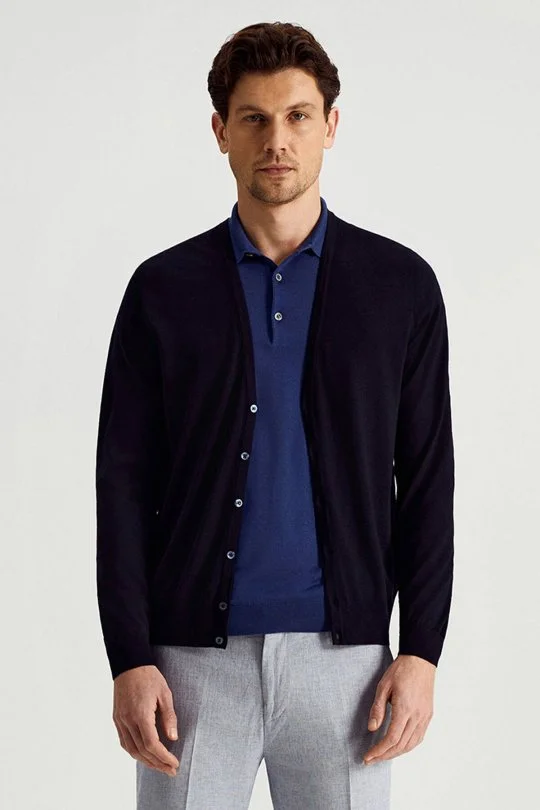 Hemington - Ultrafine Merino Yünü Lacivert Triko Hırka (1)