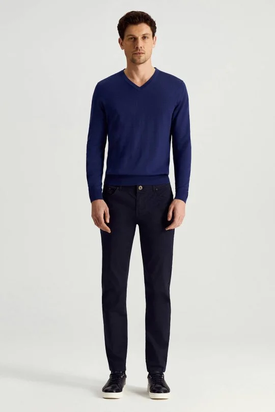 Hemington - Ultrafine Merino Yünü V Yaka Mavi Triko (2)