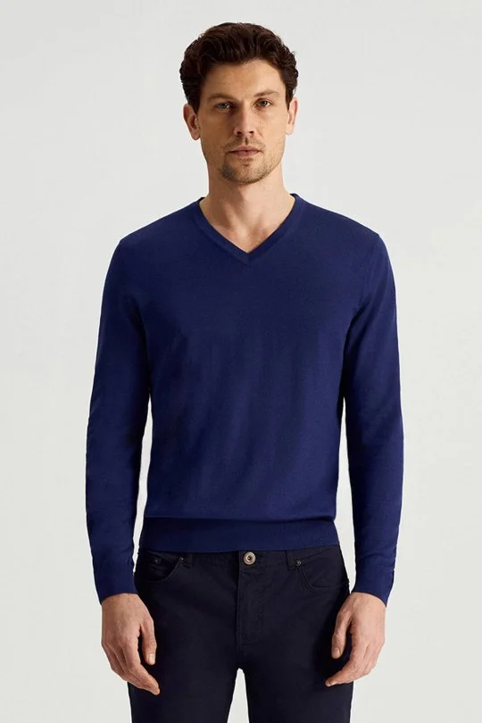Hemington - Ultrafine Merino Yünü V Yaka Mavi Triko (1)