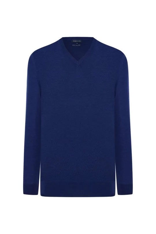 Hemington - Ultrafine Merino Yünü V Yaka Mavi Triko (6)