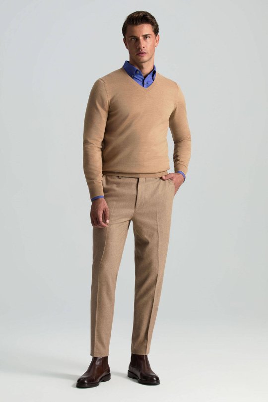 V Yaka Merino Yün Camel Triko