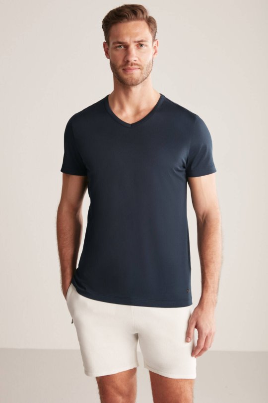 Lacivert V Yaka Basic T-Shirt