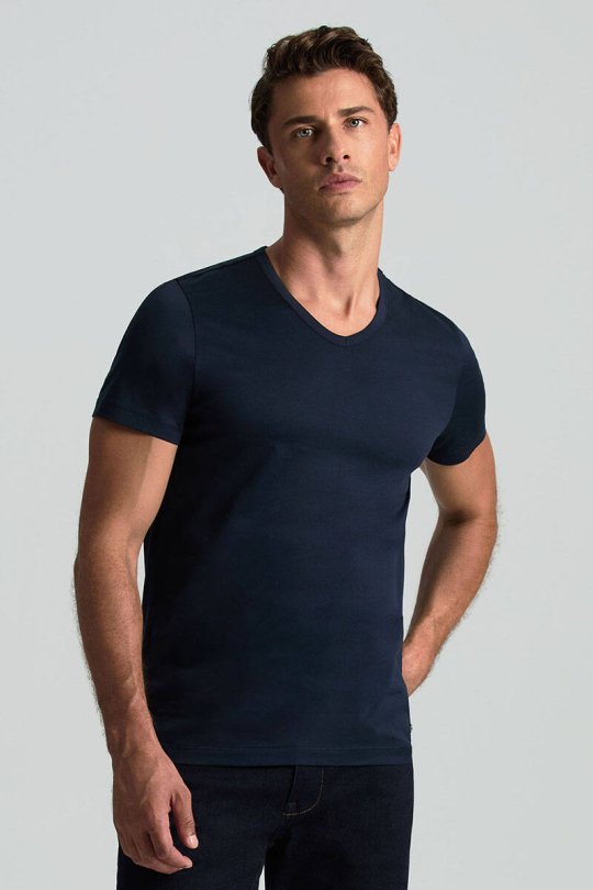 Lacivert V Yaka Basic T-Shirt