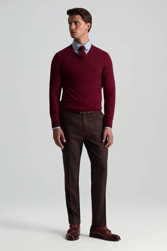 V Yaka Merino Yün Bordo Triko