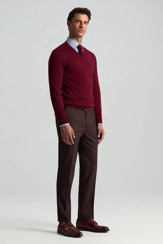 V Yaka Merino Yün Bordo Triko