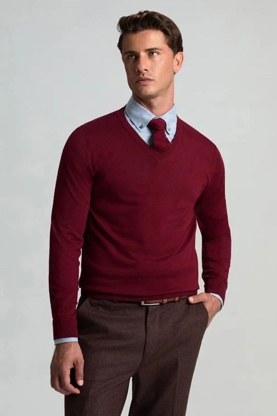 Hemington - V Yaka Merino Yün Bordo Triko