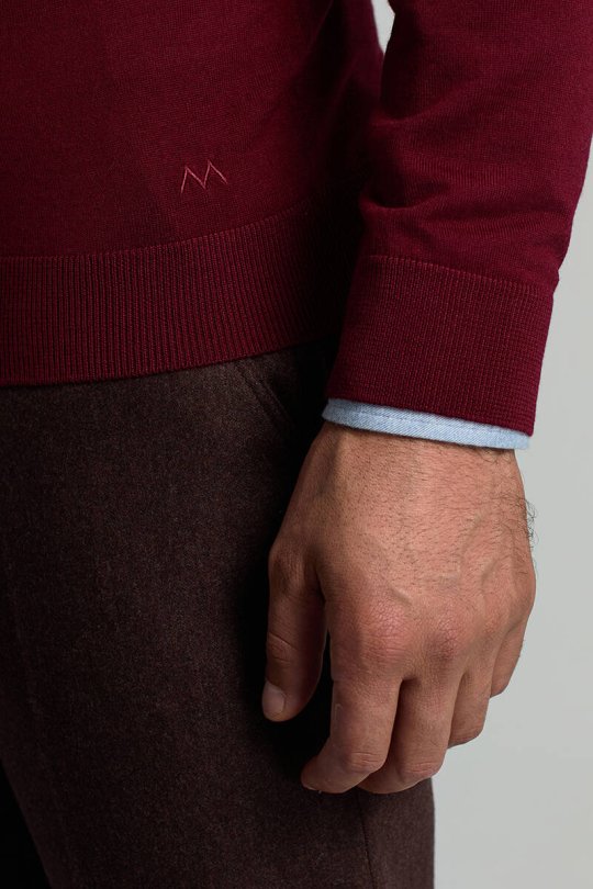 V Yaka Merino Yün Bordo Triko
