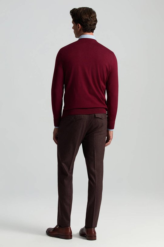 V Yaka Merino Yün Bordo Triko