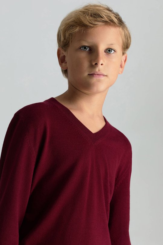 V Yaka Merino Yün Bordo Çocuk Triko