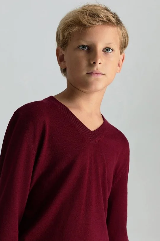 Hemington - V Yaka Merino Yün Bordo Çocuk Triko (4)