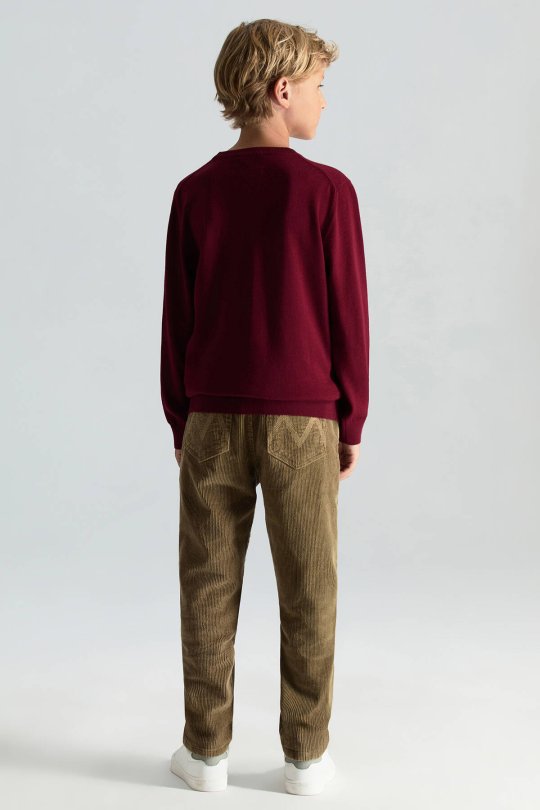 V Yaka Merino Yün Bordo Çocuk Triko