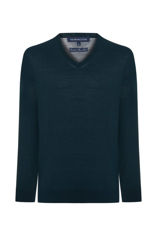 V Yaka Koyu Yeşil Merino Yün Triko