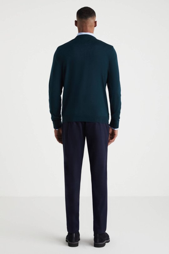 V Yaka Koyu Yeşil Merino Yün Triko