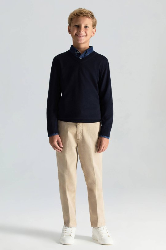 V Yaka Merino Yün Lacivert Çocuk Triko